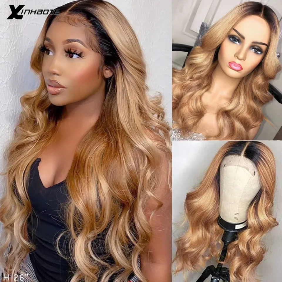 

1B/27 Ombre Color Honey Blonde 360 Lace Frontal Wig Brazilian Body Wave Remy 13x6 Lace Front Wigs Pre Plucked Bleached Knots