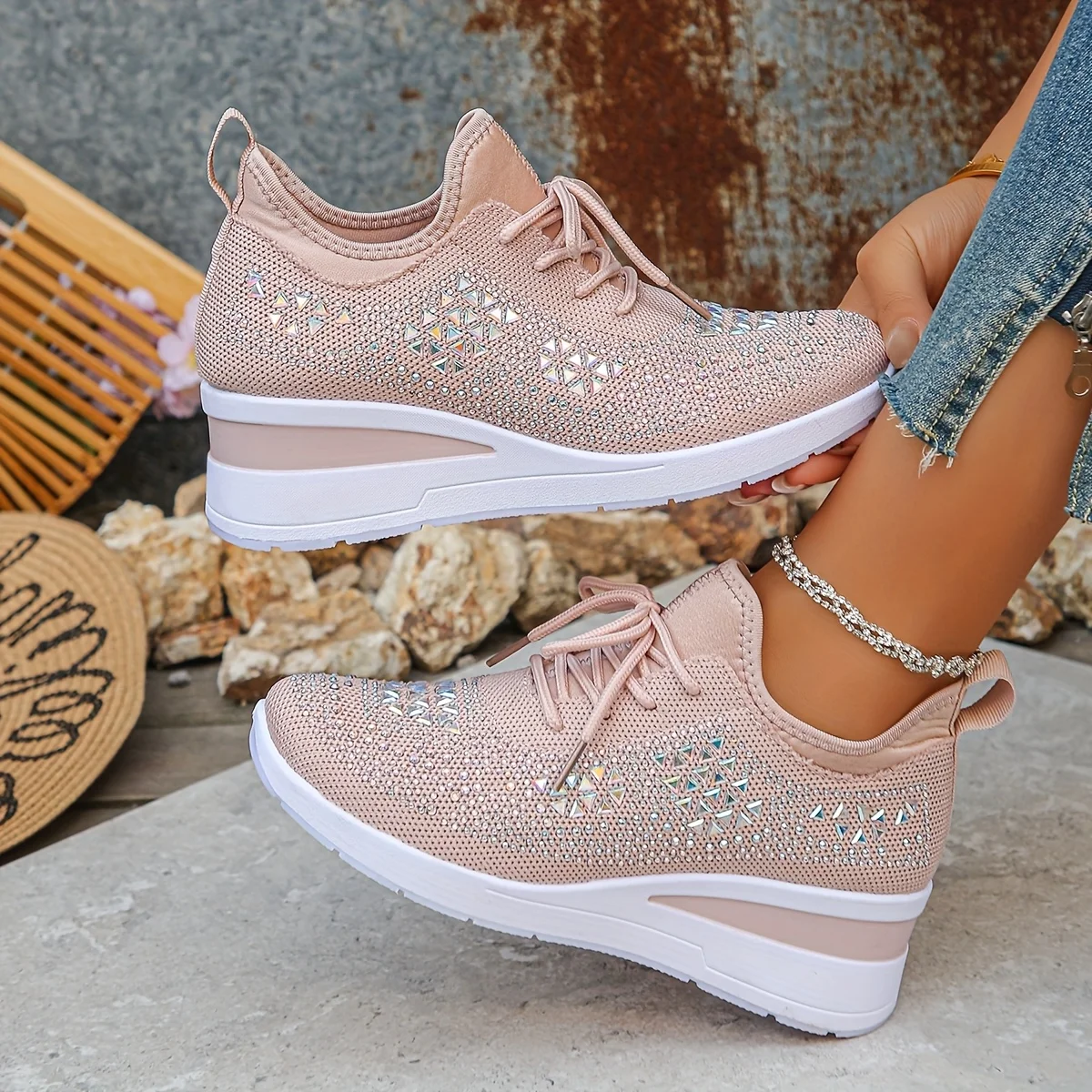 Water Diamond Thick Sole Casual Sports Women's Shoes with Flowing Fabric Surface, Breathable and Versatile Height Increasing Shoes, Non Slip and Fashionable Women's Shoes, Dameschuhe, Sneakers