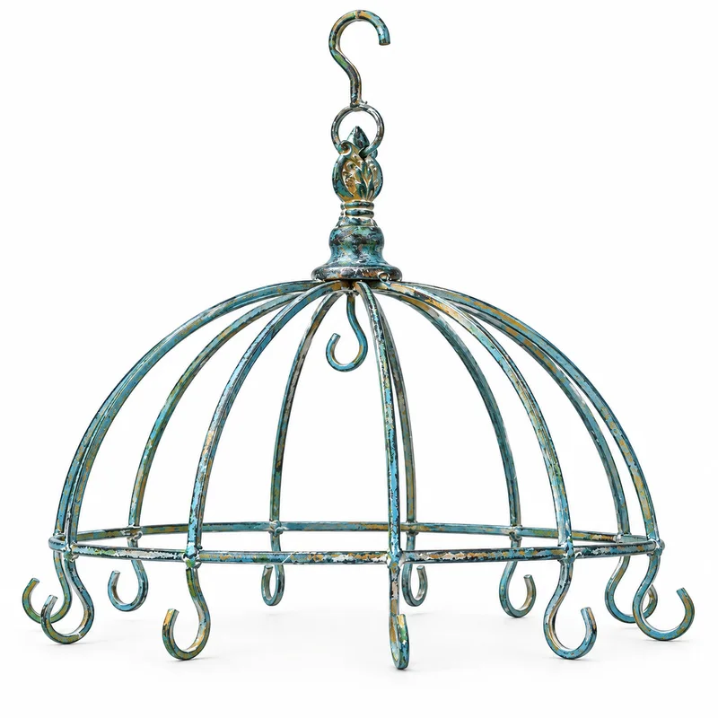 Vintage Solid Iron Hanging Herb Drying Rack with Hooks, Distressed Dome Display Hanger for Mugs Jewelry Ornaments, 30cm