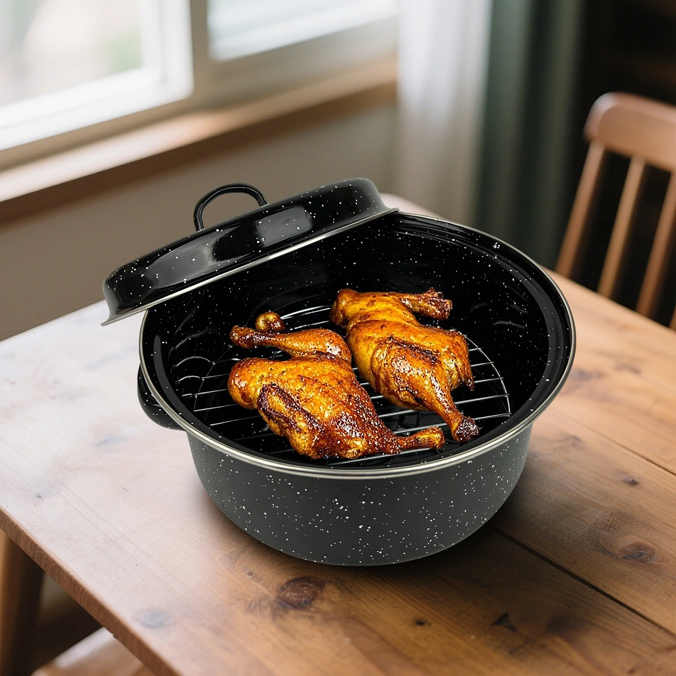 Runder Ofentopf aus Gusseisen mit Deckel, schwarze Farbe und zwei Griffen, ideal für geröstete Süßkartoffeln, Grill, Kochgeschirr für Zuhause und Outdoor