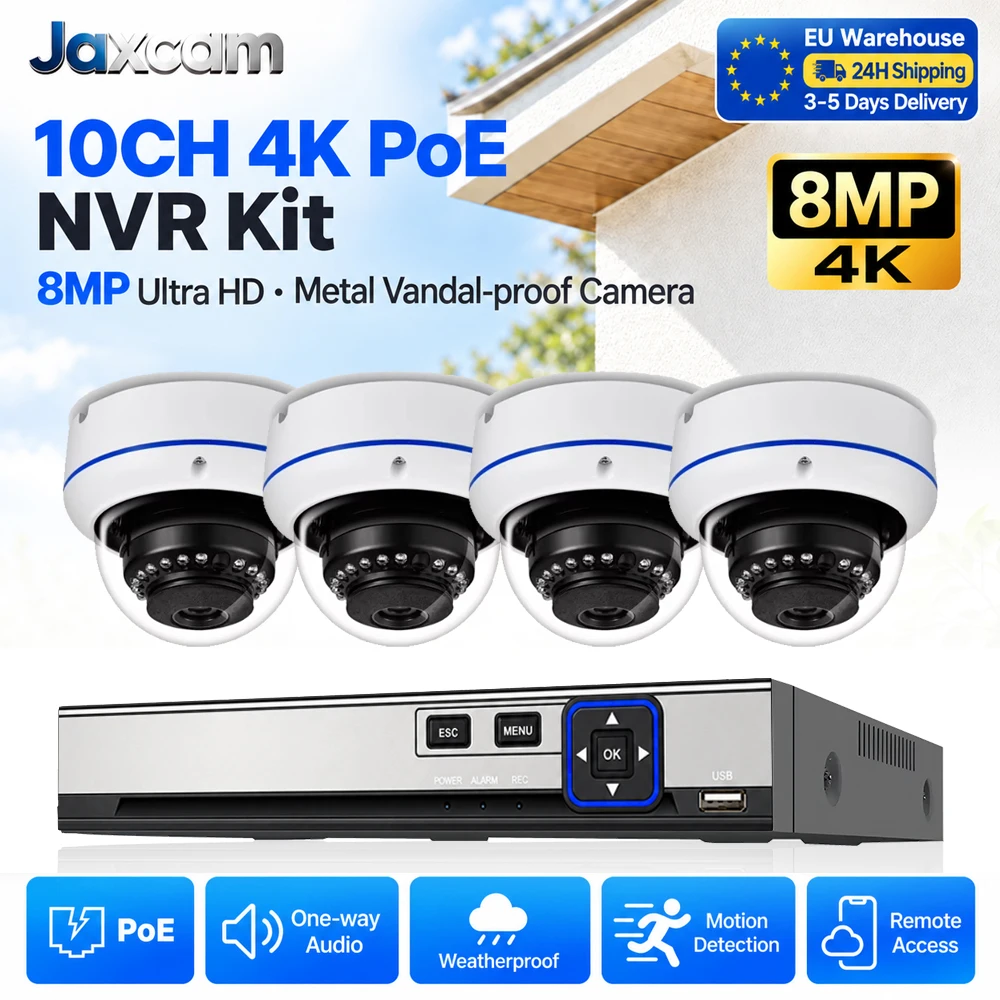 Sistema di telecamere di sicurezza NVR 4K PoE a 10 canali, kit di telecamere IP a cupola in metallo, resistenti agli atti vandalici, con risoluzione ultra HD da 8 MP, rilevamento del movimento, audio