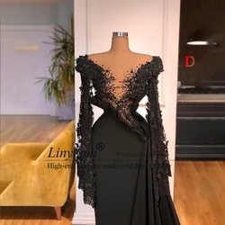 Elegant Satin Beaded Shiny Evening Gowns Women Pearls Lace Long Sleeves Prom Gowns Formal Occasion Floor-Length Robe De Soirée