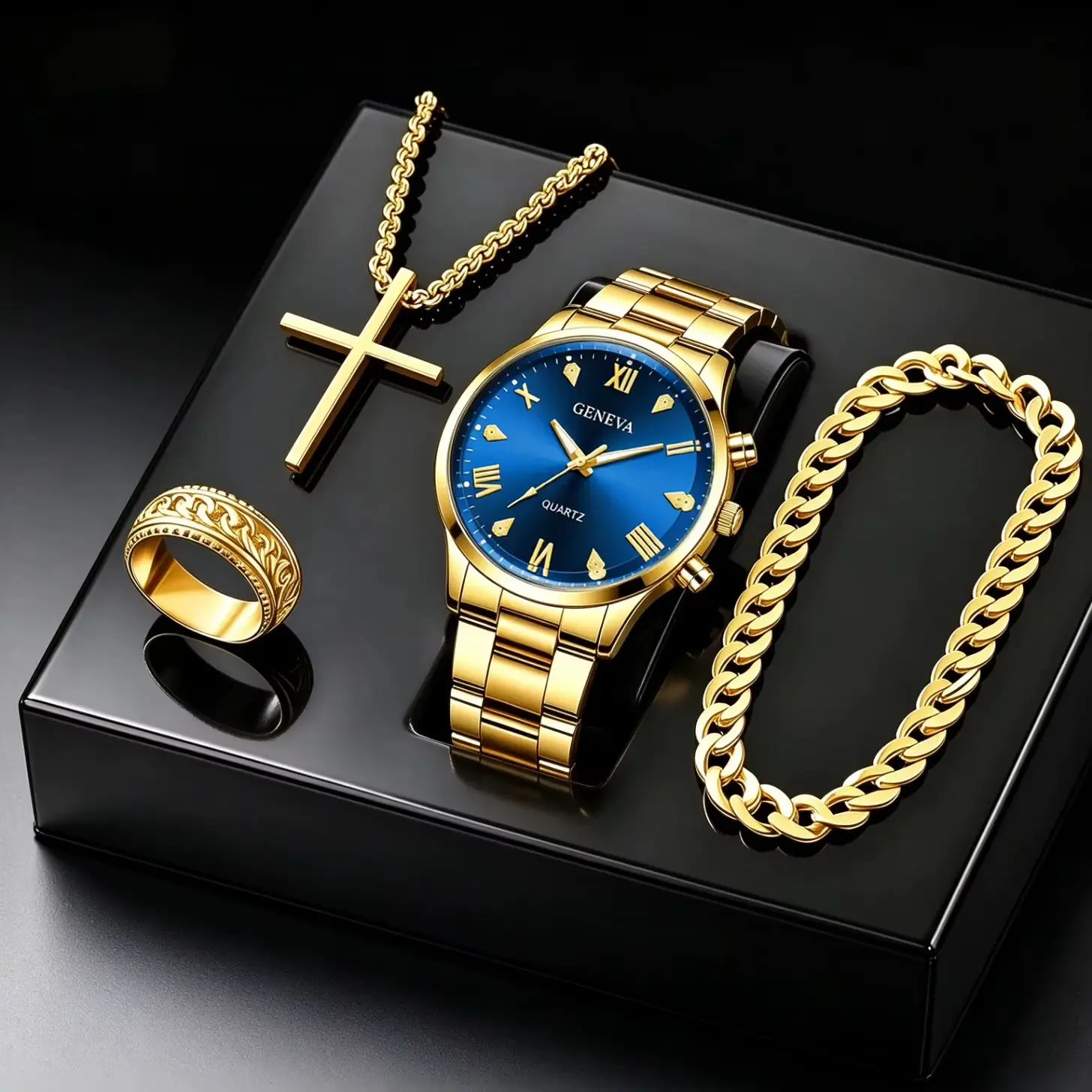 4-Piece Set of Alloy Men's Quartz Watches with Cross Series Accessories, a Must-Have for Successful People, Father's Day Gift, Suitable for Daily Wear, Casual and Versatile, Ideal Choice for Gifting