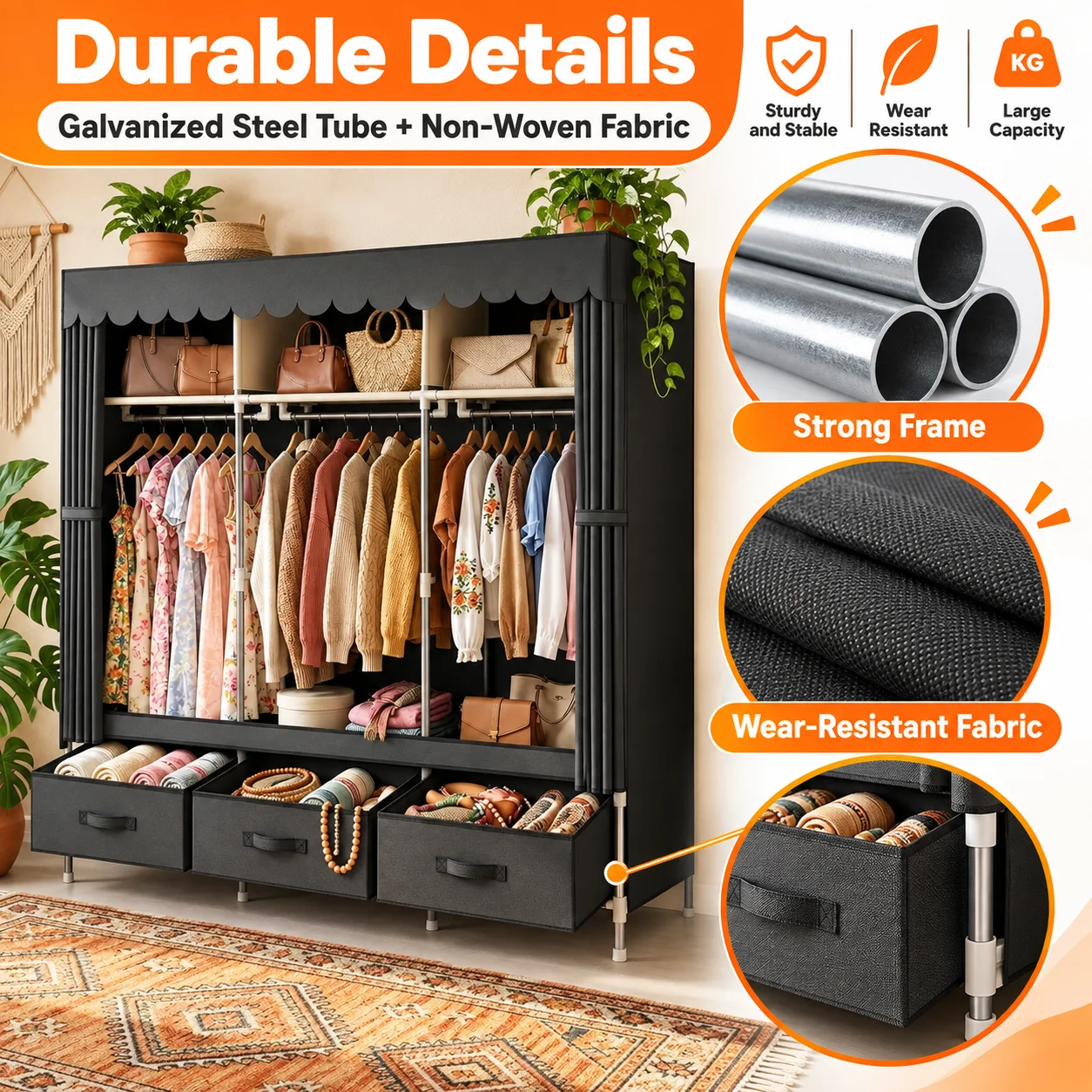 Portable Clothes Organizer for Small Spaces Sturdy 16mm Metal Frame 3 Cubes 3 Hanging Areas 3 Drawers Dust Proof Closet