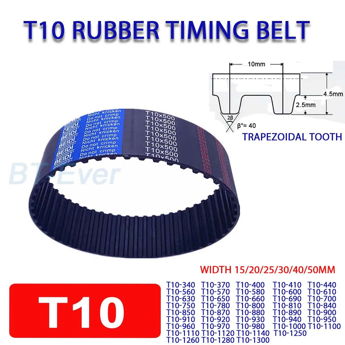 1Pcs T10 Rubber Closed Loop Timing Belt Width 15/20/25/30/40/50mm Picth Length 340/370/400/410/440/560 ~ 1300mm Synchronous Belt