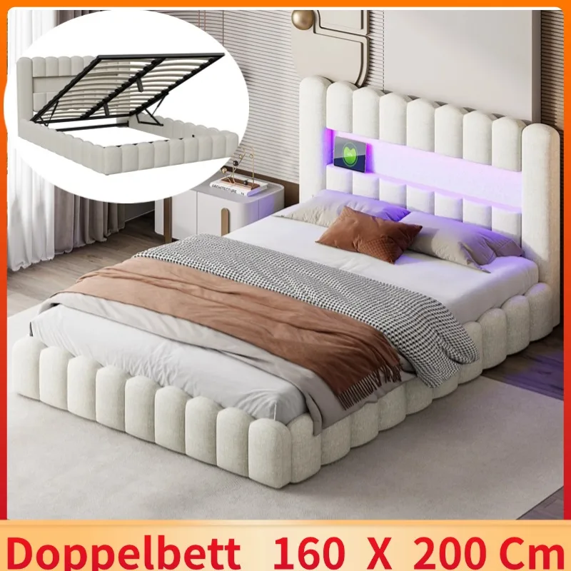 Platform storage bed 160x200 with slatted base, Double bed,Headboard with LED light and USB Type-C port, linen fabric, beige