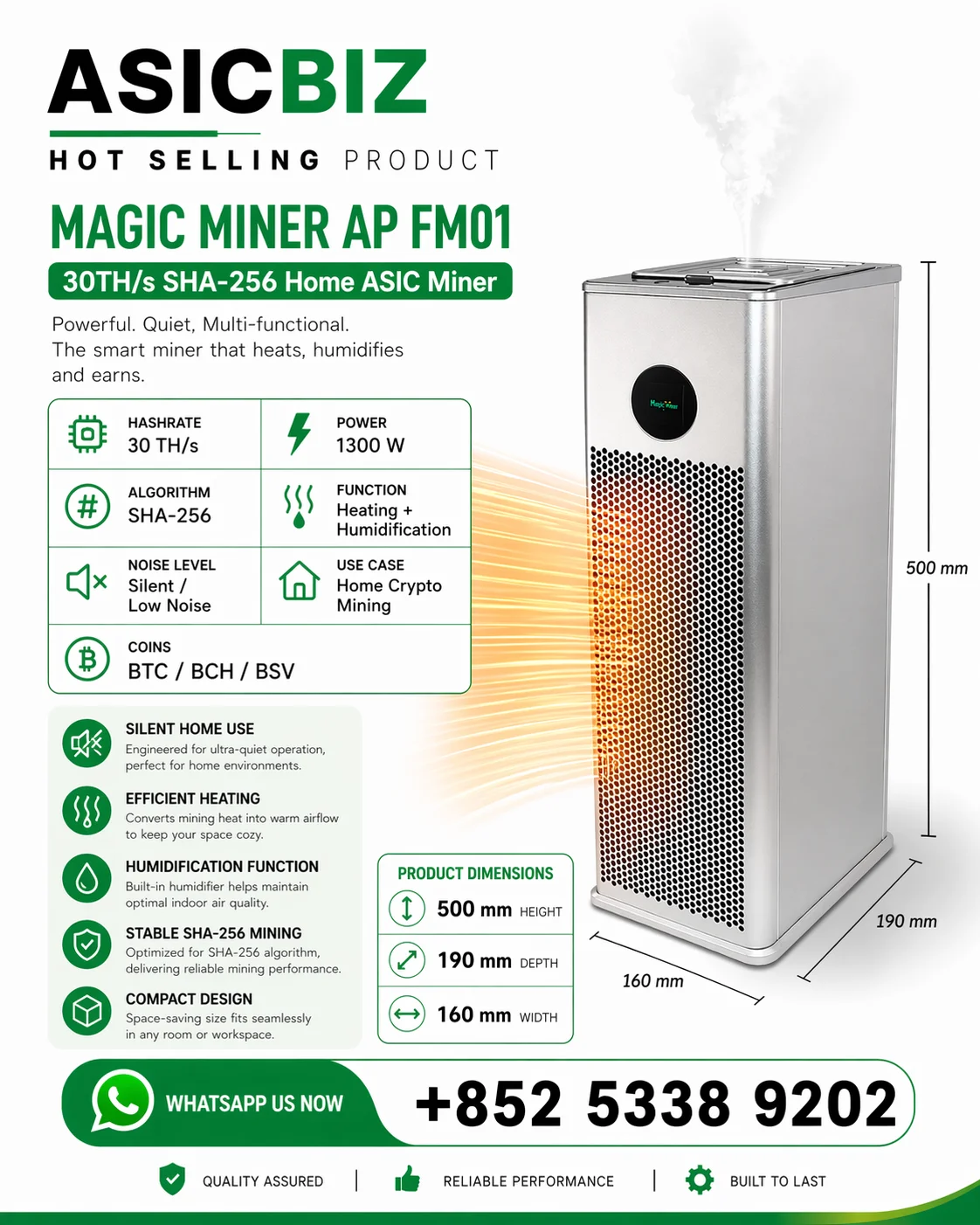 

GO _ BUY 3 GET 2 FREE _ Magic Miner AP FM01 30TH/s 1300W SHA-256 BTC ASIC Miner — Silent Home Crypto Mining Machine with Heating