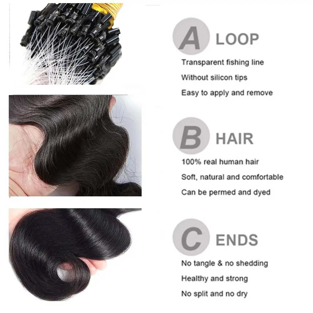 Body Wave Micro Link Hair Extensions 1g/strand Microlink Human Hair Extension Beaded Invisilable Micro Ring Extension #1B