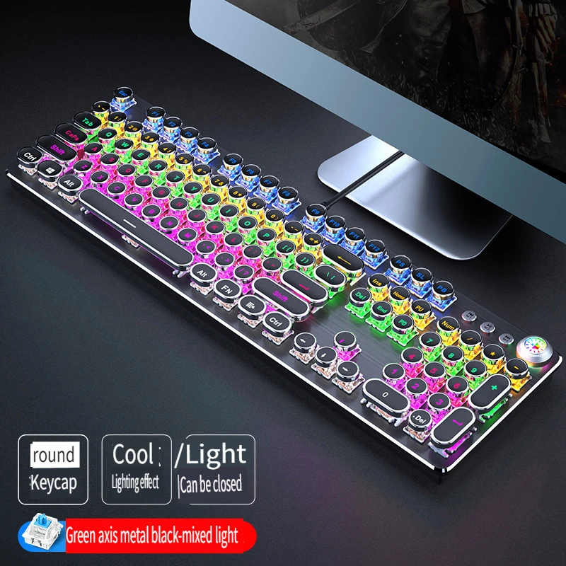 

TK100 Steampunk Retro Mechanical Keyboard Wired Gaming Blue Switch RGB Backlit Knob for Laptop Desktop Ergonomic Office