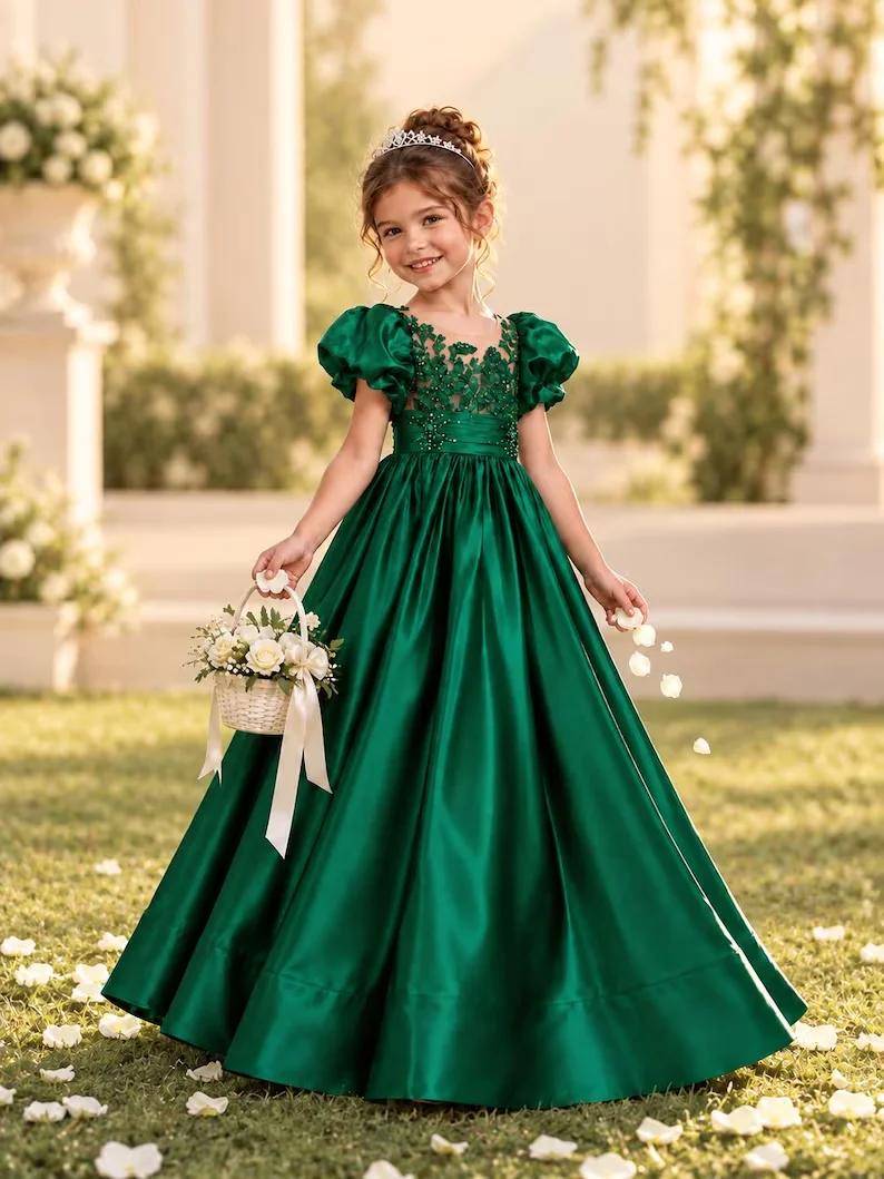 Satin Green Flower Girl Dresses For Wedding Short Sleeve Lace Applique Custom With Bow Kids First Communion Ball Gown 2026