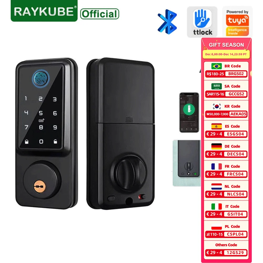 

RAYKUBE A1 TT Lock BLE/ Tuya WiFi Fingerprint Deadbolt Smart Door Lock Digital Lock With Door Sensor Password/IC Card/APP/Key