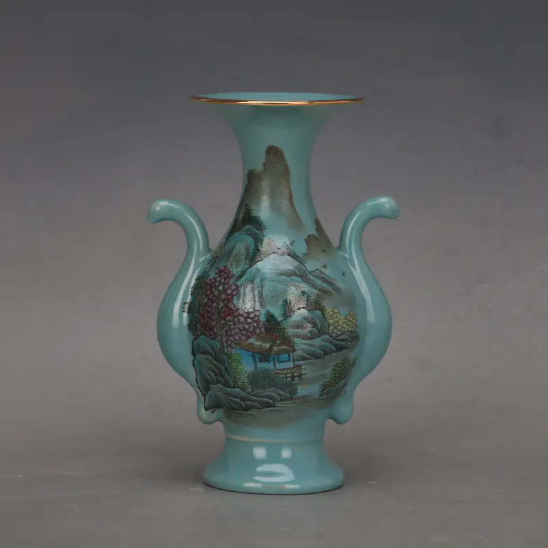 Antique Style Blue Glazed Double Phoenix Ear Vase Ru Ware Porcelain Home Decor Collectible