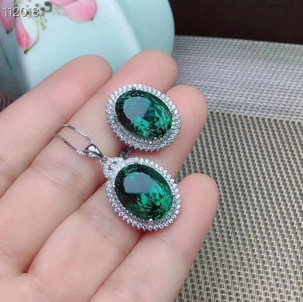 

KJJEAXCMY Boutique Jewelry 925 Pure Silver Natural Green Crystal 12x16mm Gemstone Women's Pendant Ring Set Gold Party Birthday