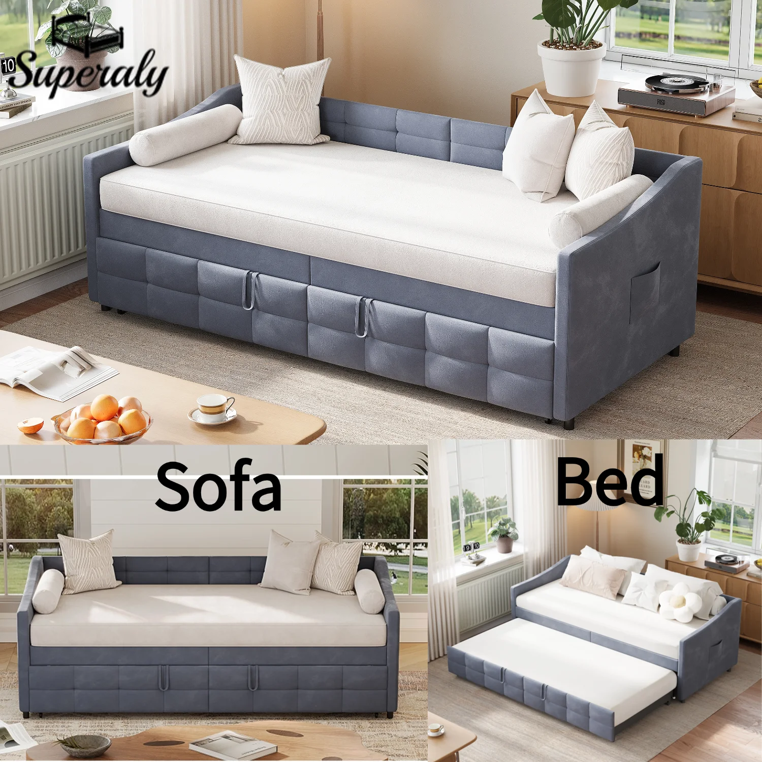 Canapé-lit rembourré 2 en 1 Superaly avec sommier à lattes, lit simple 90x200 cm pour salon et chambre, lit d'appoint, sans matelas