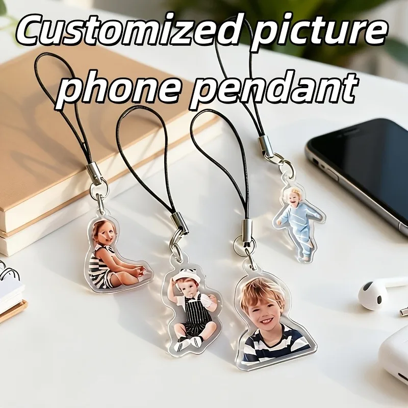 Lanière de téléphone en acrylique personnalisée avec photo, possibilité d'imprimer des portraits, des photos d'animaux ou des breloques personnalisées. C'est un excellent cadeau souvenir pour les parents et les enfants.