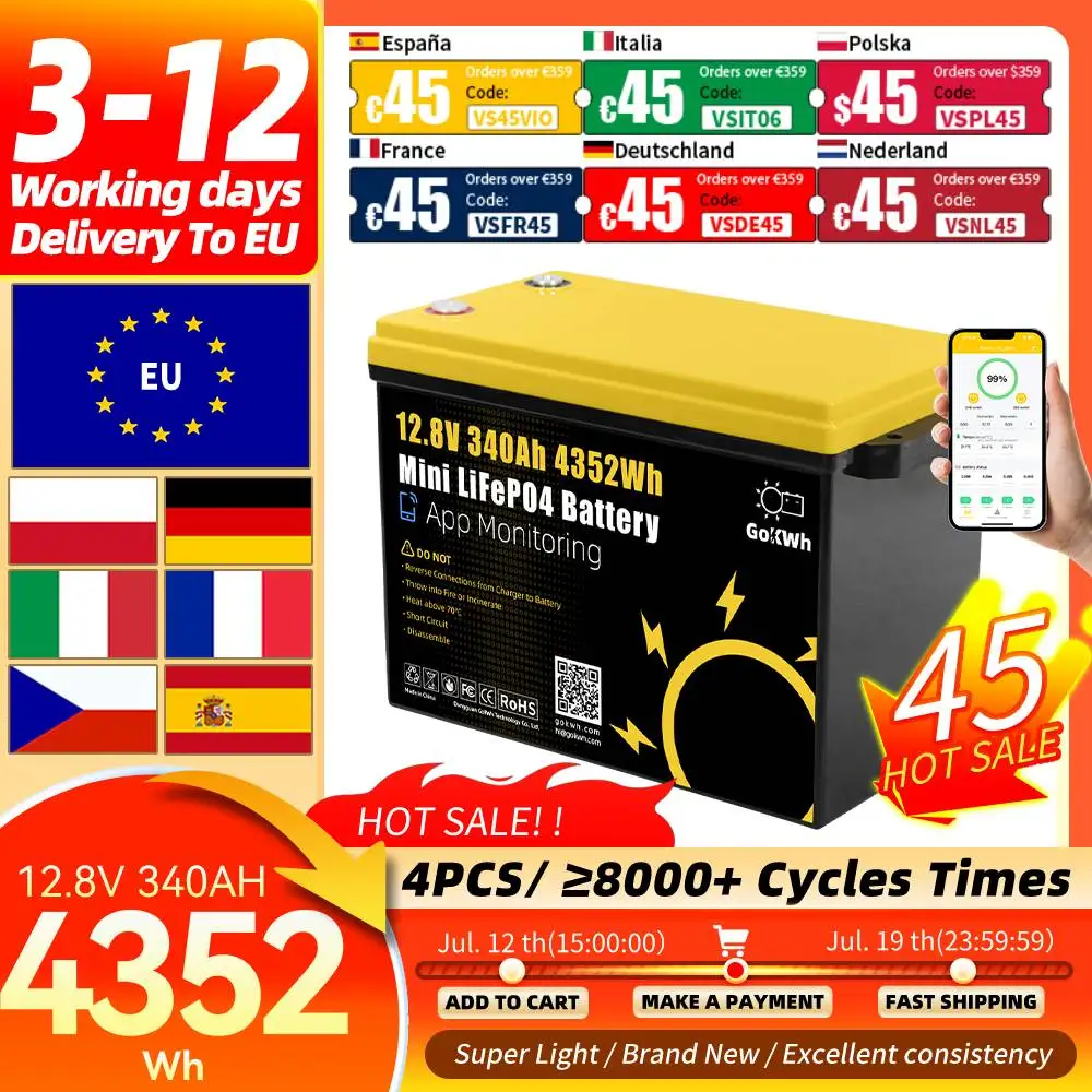 Batterie LiFePO4 12V 340Ah de qualité A, plus de 8000 cycles, avec contrôle par application, rechargeable, pour stockage d'énergie en camping-car, stock UE