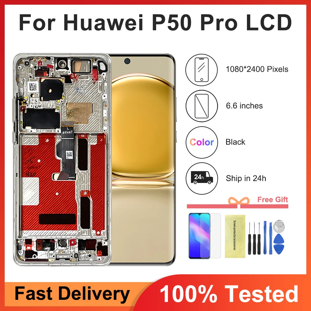 For Huawei P50 Pro LCD JAD-AL50, JAD-AL00 Display Touch Panel Screen +Frame Digitizer Assembly For Huawei P50 Pro