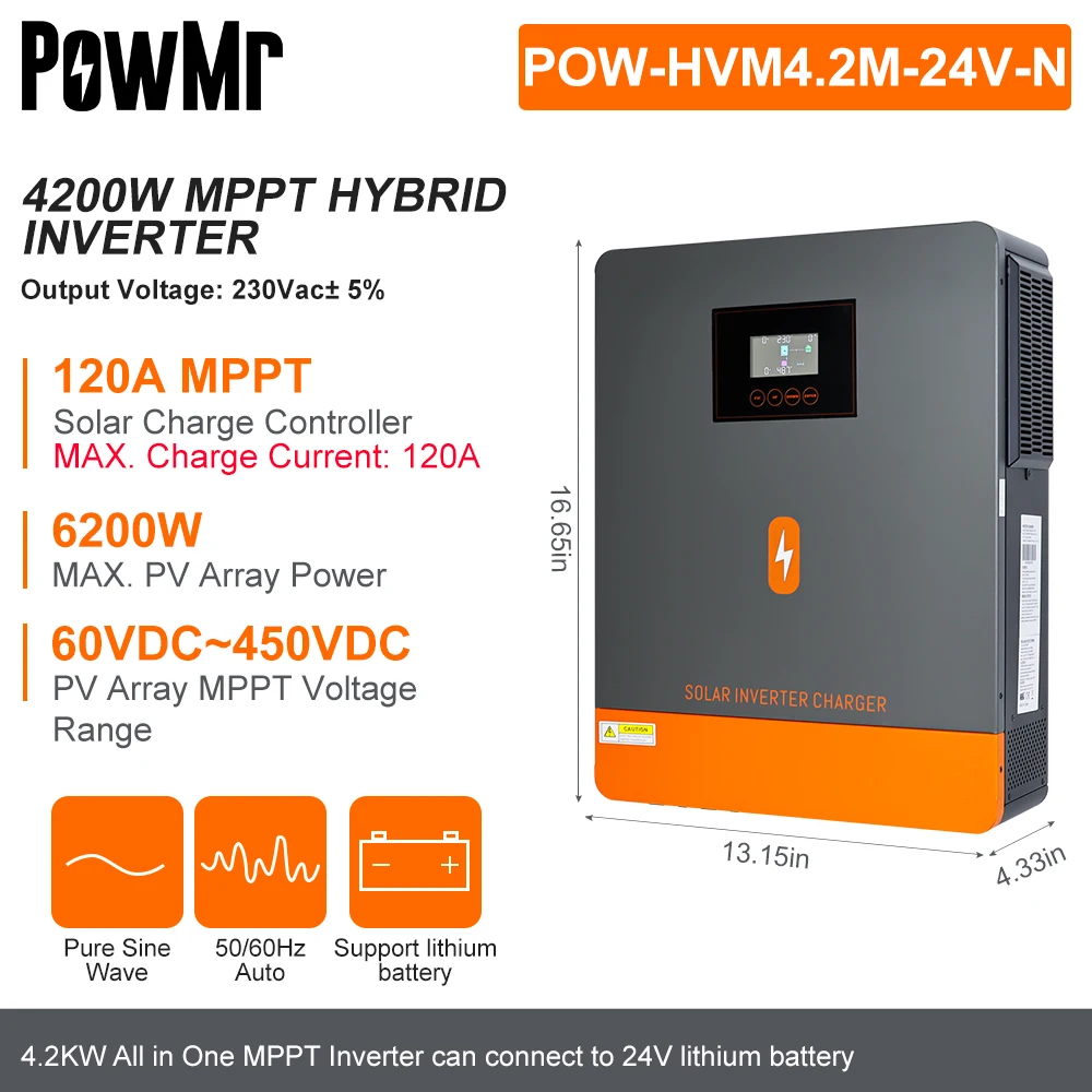 PowMr 4.2KW 24V MPPT Hybrid Solar Inverter With 120A Solar Charge Controller 230Vac Output PV Range 60~450VDC Input Support WIFI