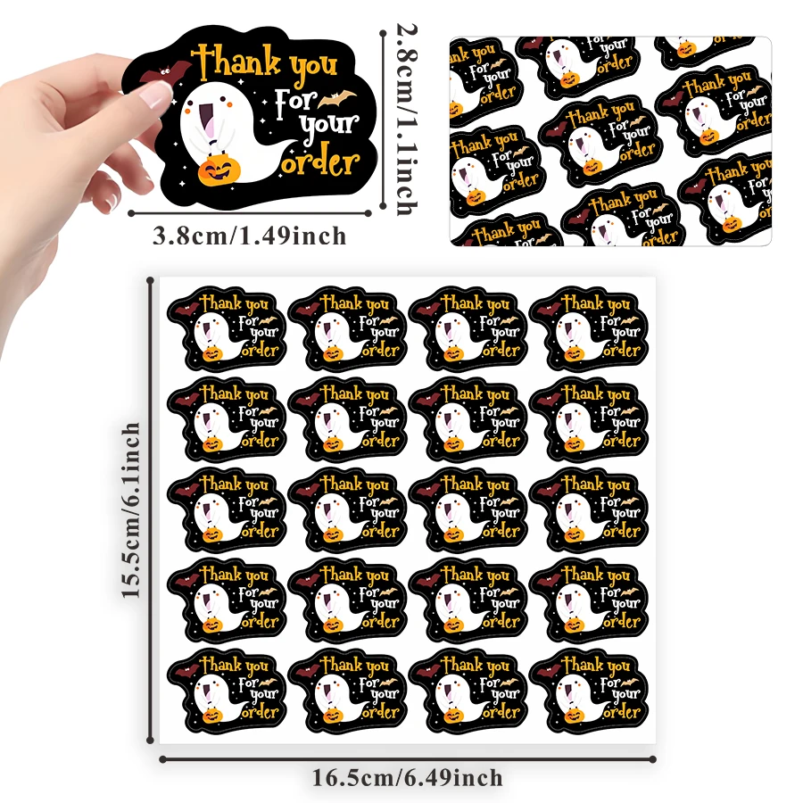 100 Pcs Halloween Thank You Stickers for Small Business –Black Ghost-Themed Packaging Labels,  , Self-Adhesive