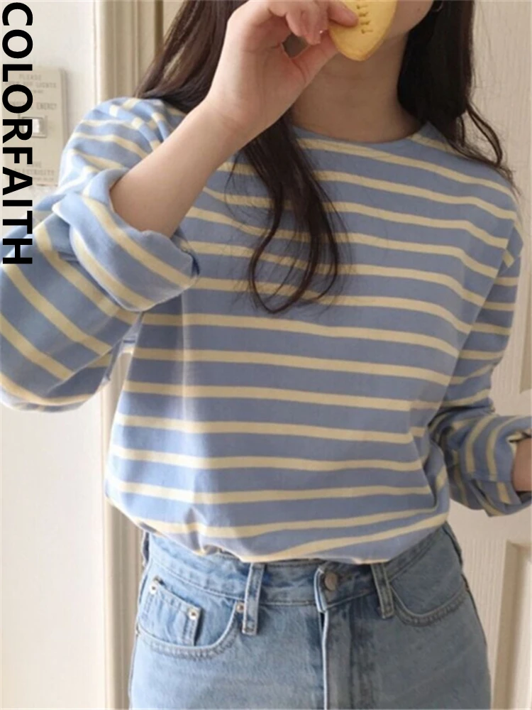 Colorfaith New 2022 Bottoming Basic Korean Style Fashionable Striped Wild Lady Women's Autumn Winter T-shirt Pink Tops T2041