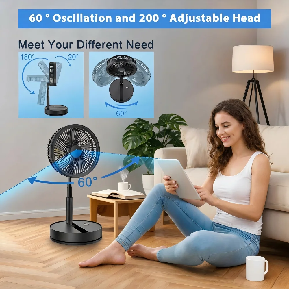 Ventilador telescópico plegable con control remoto, altura ajustable de 38-100 cm, ventilador portátil de escritorio y suelo, recargable por USB, ventilador de refrigeración que ahorra espacio para el hogar, la oficina, el camping al aire libre