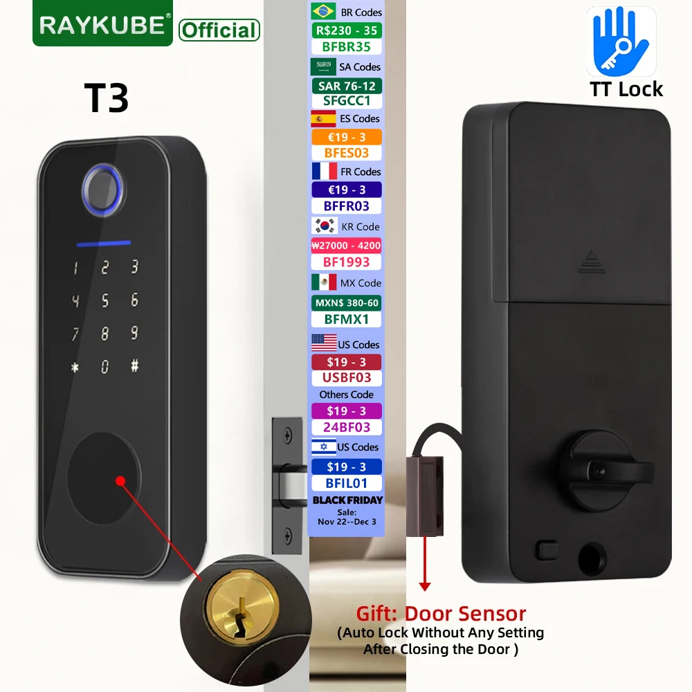 RAYKUBE T3 TT Lock Digital Fingerprint Door Lock Deadbolt Lock with 60/70mm Latch Key/Password/Card/ TT Lock APP Remote Unlock