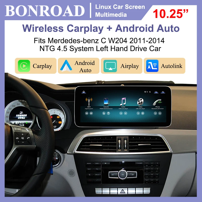 Bonroad 10.25/12.8" Schermo Touch per Auto con Carplay Wireless e Android Auto Linux per Mercedes Benz Classe C W204 NTG 4.5 Anno 2011-2013 Airplay Autolink Autoradio
