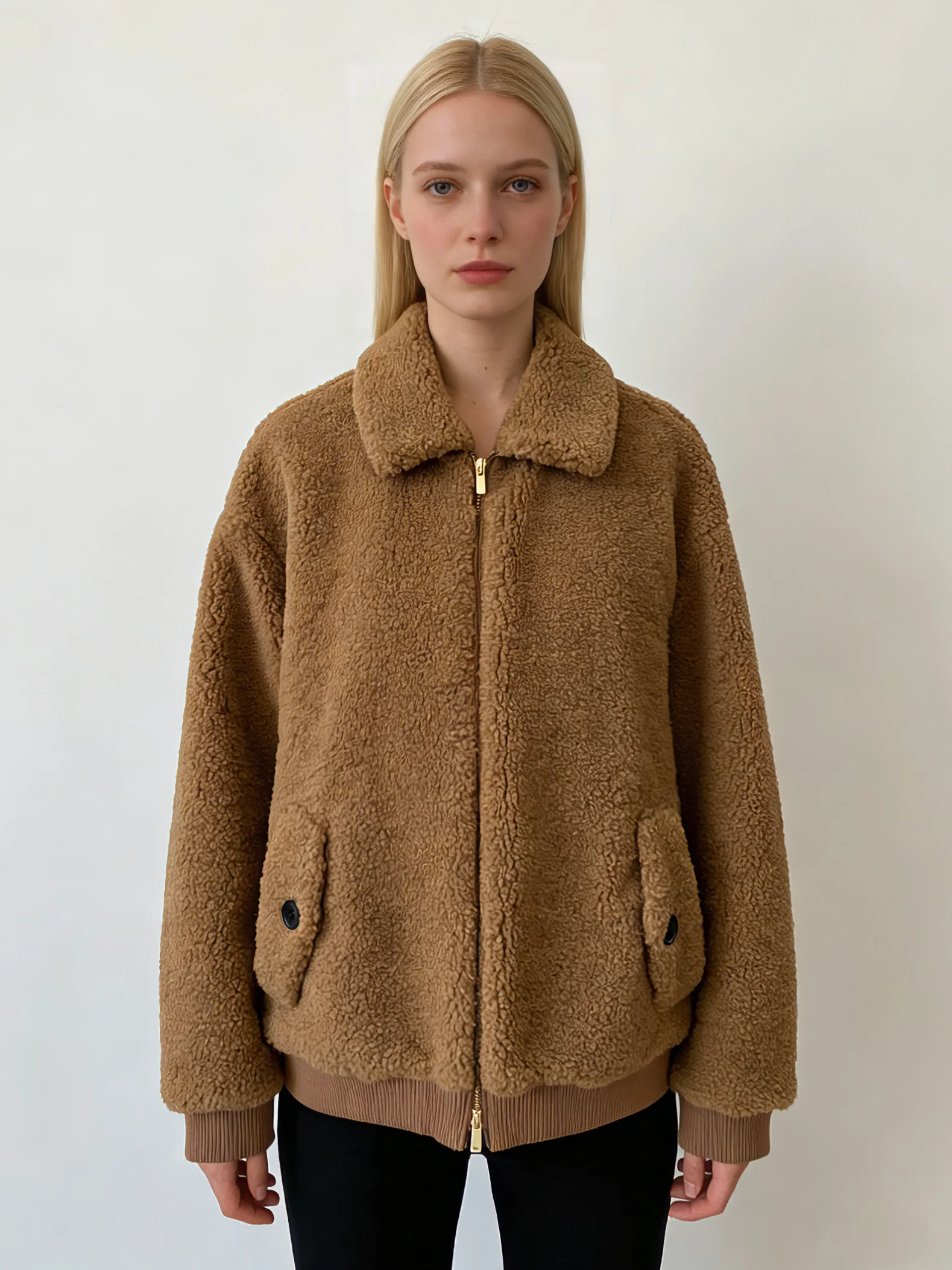 

Fashion Women’s Wool Camel Teddy Fleece Jacket Lapel Zip Up Loose Casual Winter Outerwear