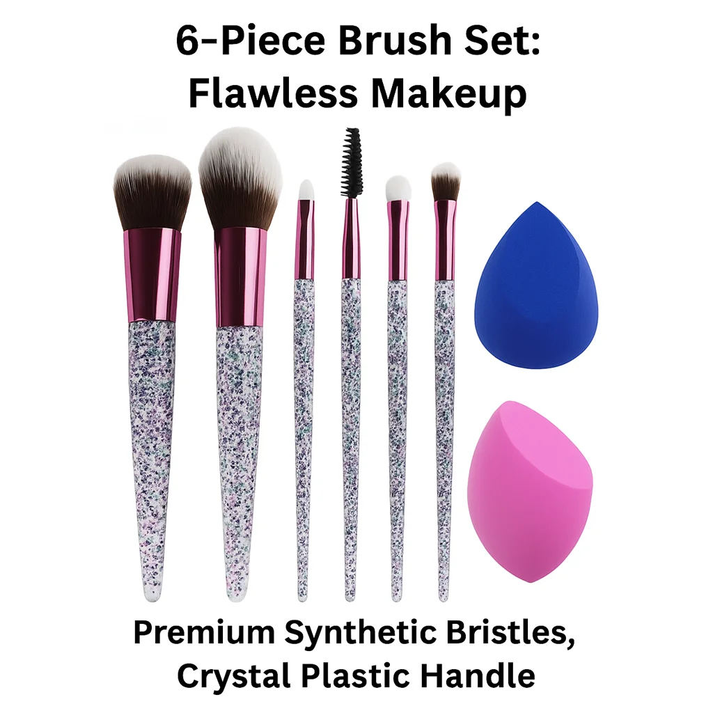 

6pcs Makeup Brush Set with 2 Beauty Sponges & Bling Crystal Handle Daily Essential Cosmetic Brushes Kit for Foundation Concealer
