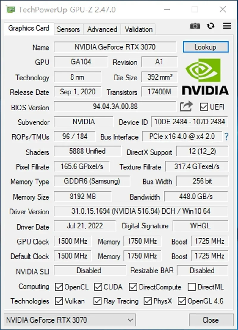 Używana karta graficzna RTX 3070 8GB do gier NVIDIA GPU Placa De Video GDDR6 256bit HDMI * 1 DP * 3 pci-e 4.0x16 rtx 3070 karta wideo 8gb