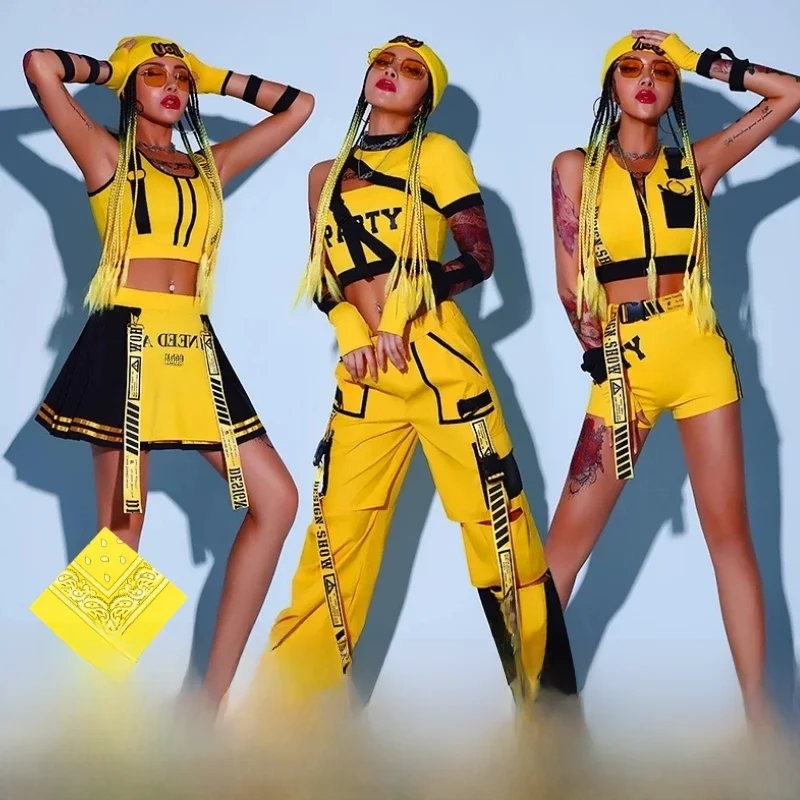 Żółty strój cheerleaderek, ubrania hip-hopowe, damska odzież do tańca jazzowego, strój rave, zestawy dla dziewczyn, kostium sceniczny, odzież festiwalowa DL8204 — zdjęcie 2