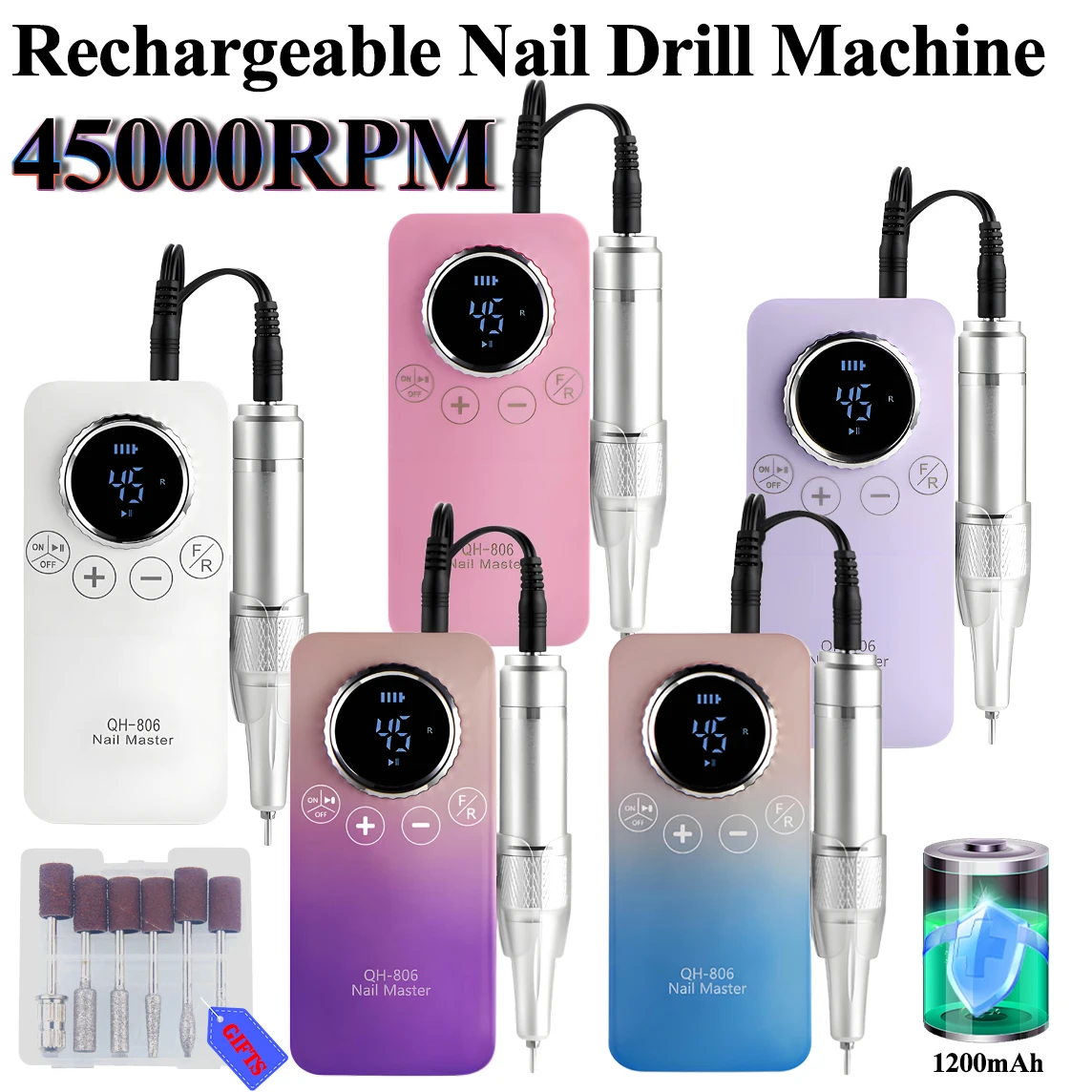 

45000RPM Nail Drill Machine Electric Portable Nail File Rechargeable Nail Sander for Gel Nails Polishing For Manicure Salon