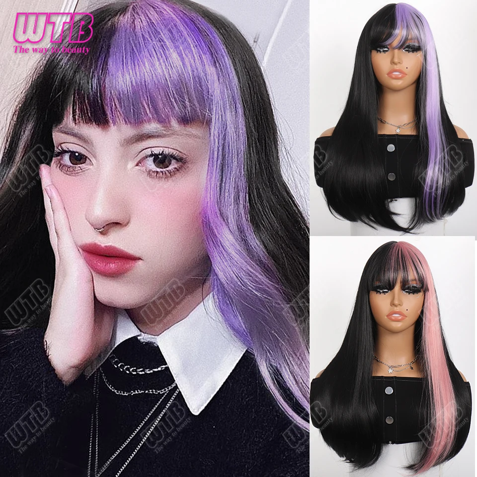 

Фиолетовый Черный Синтетический Длинный Прямой Парик для Лолиты Косплей Повседневная Вечеринка Женский Длинный Прямой Парик с Челкой