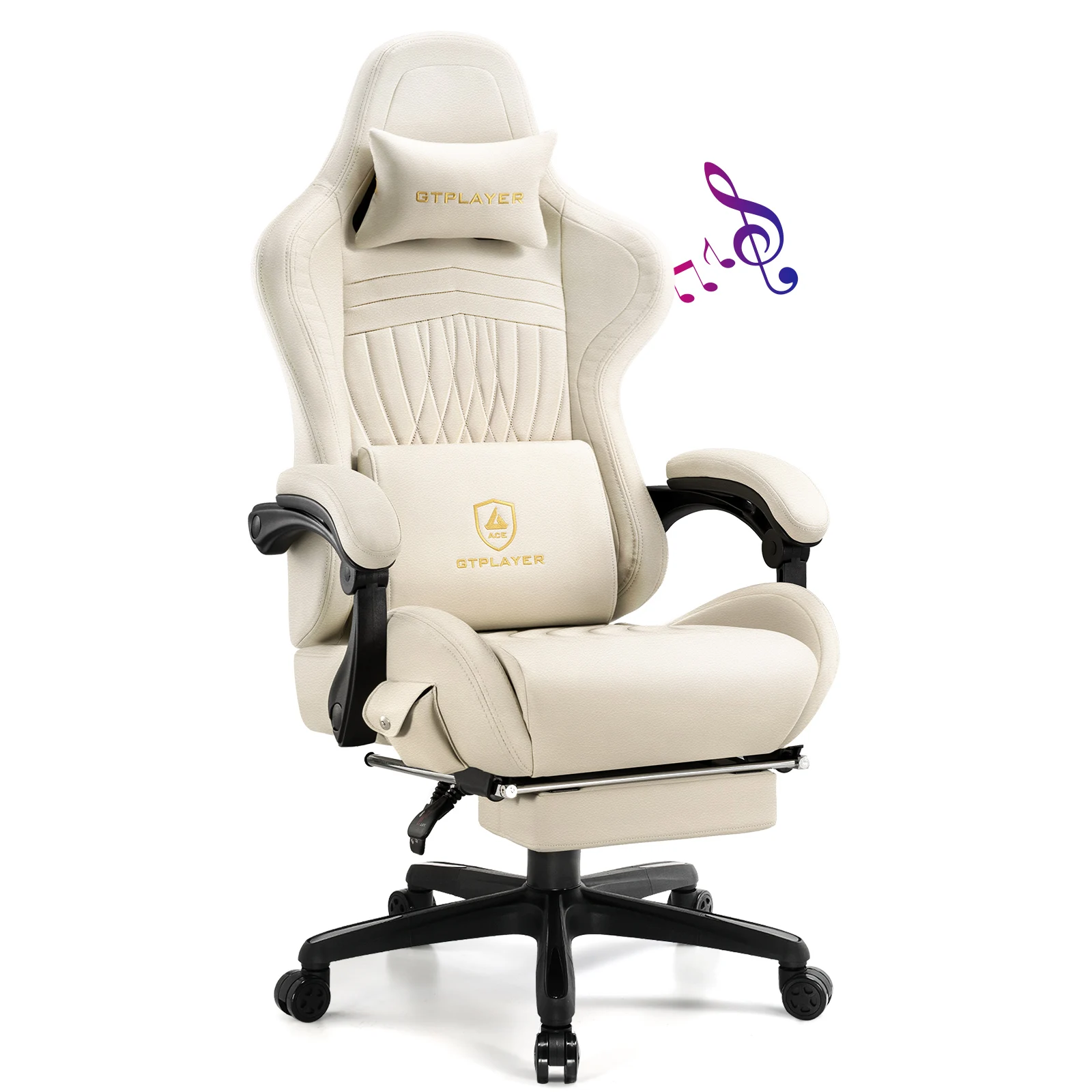 GTPLAYER Chaise Gaming Repose-Pieds Haut-Parleur Bluetooth Fauteuil Gamer Ergonomique Siège Pivotante avec Accoudoirs Synchronisés et Coussin Lombaire Plus Favorable