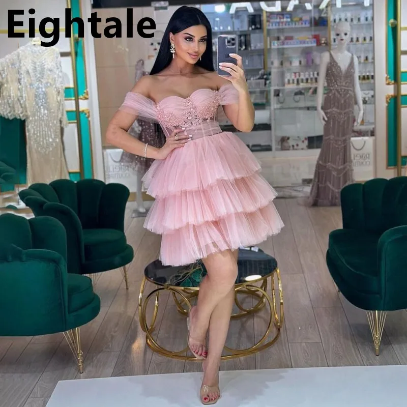 

Eightale Blush Pink Mini Tulle Prom Dress Off Shoulder Corset Homecomming Dress Abiye Formal Party Gown Vestidos de gala