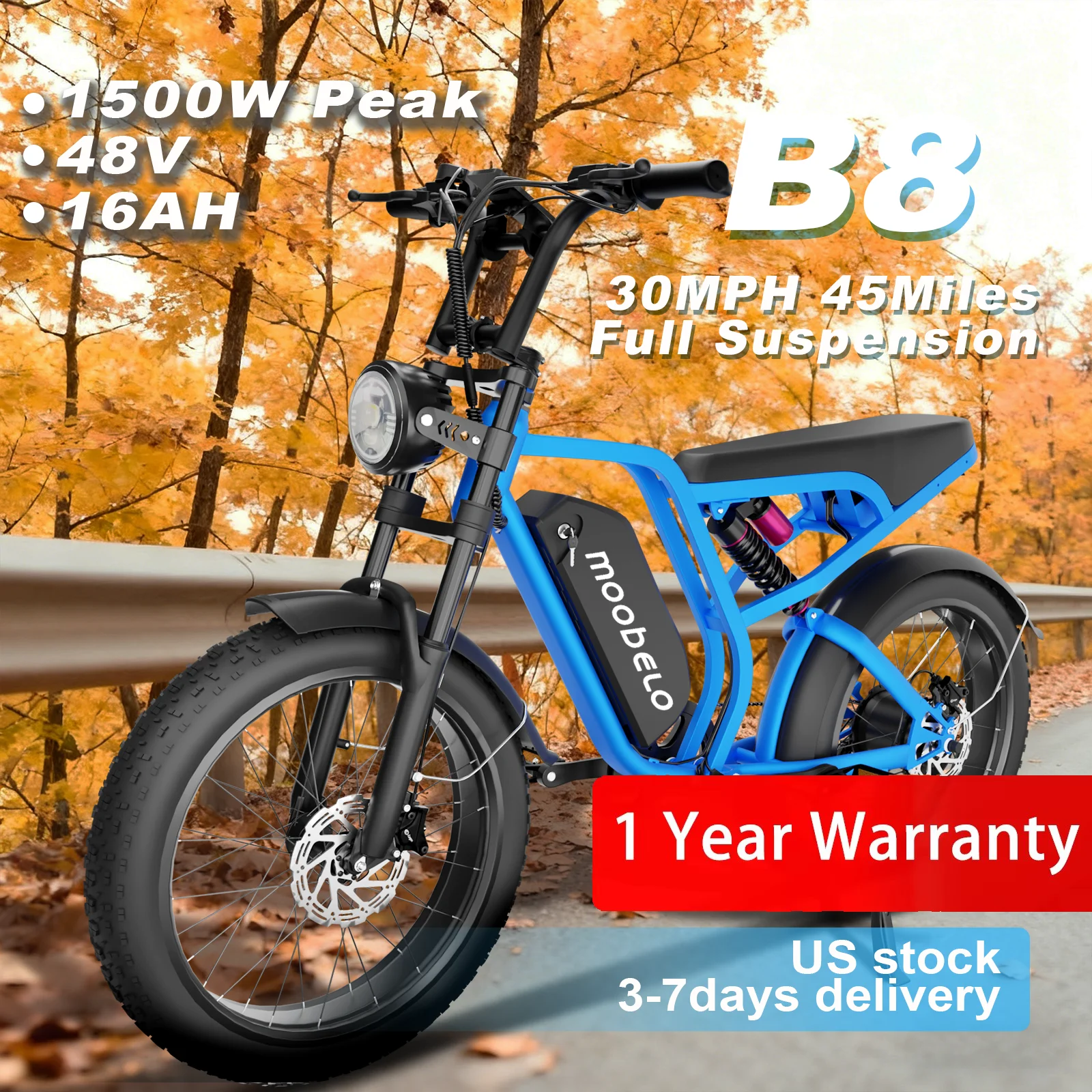 

Moobelo B8 Winter-Ready E-Bike 1500W Peak 48V 16AH- 30MPH Fat Tire Traction Full Suspension All-Weather Commuter US Legal