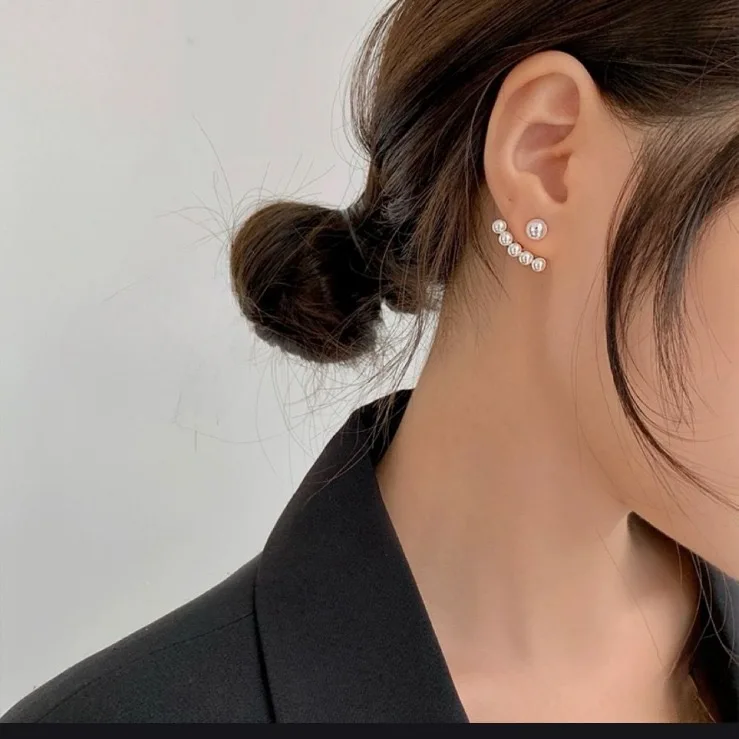 

Trendy Pearl Ear Jacket Earrings for Women – Double Sided Stud with 5 Bead Drop,