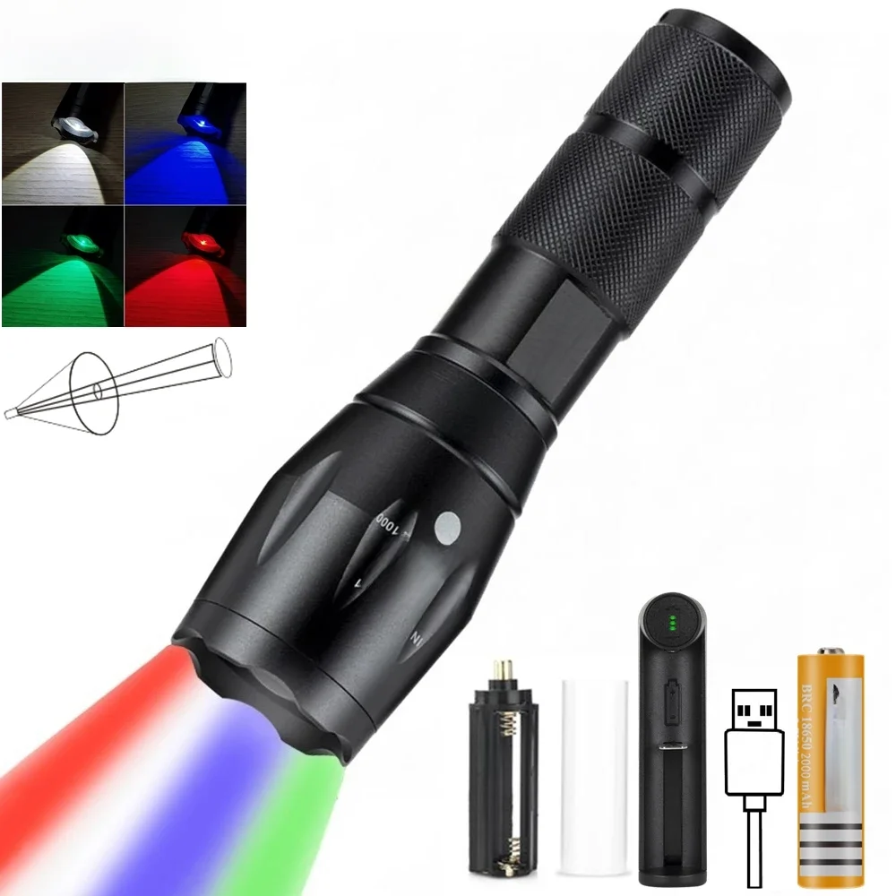 Zoom 4 w 1 wielokolorowa latarka LED czerwony niebieski zielony biały lampa przenośna Outdoor Camping polowanie fotografia Selfie latarka turystyczna — zdjęcie 2