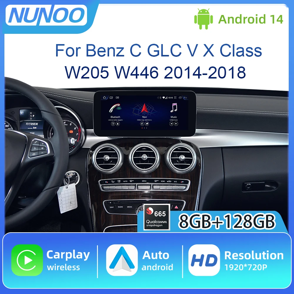 Image of Android 14 IPS-Touchscreen, kabelloses Carplay, Autoradio mit Multimedia-Funktion für Mercedes-Benz C, GLC, V, X-Klasse (W205, W446; 2014–2018)