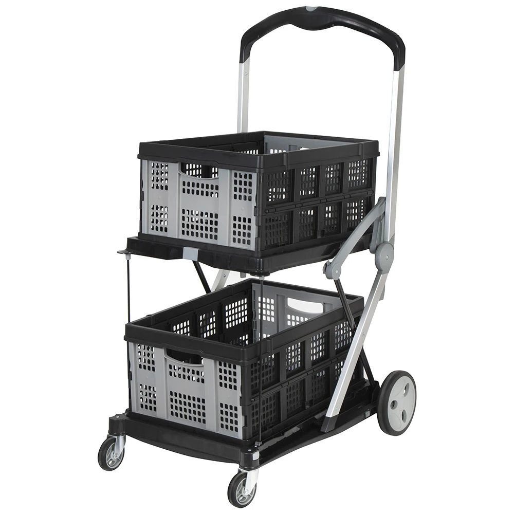 Carrito de Compras Plegable de 2 Niveles con Canastas Grandes | Soporta hasta 90 kg | Ruedas Giratorias 360° y Mango Ergonómico | Diseño Compacto y Multiusos para Transporte Fácil y Seguro