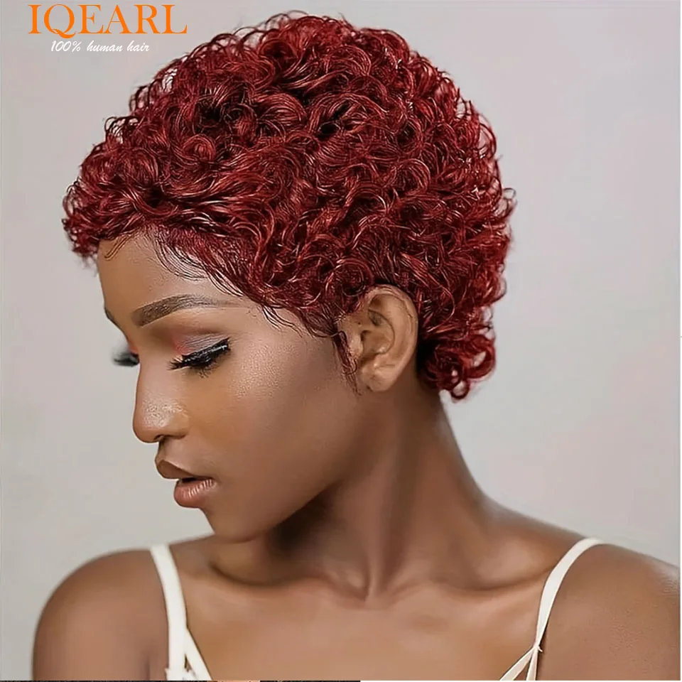 Curto encaracolado perucas de cabelo humano para mulheres, Afro Kinky Wig, loira Pixie corte com Franja, 4 em, # 1B #2 #27