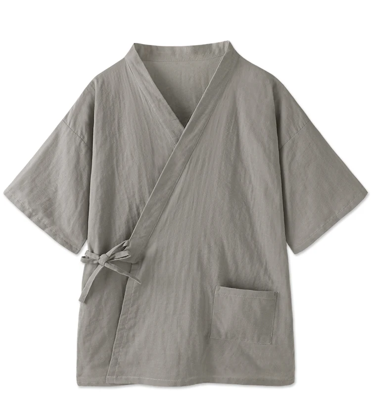 Men Kimono Pajamas Set Top Shirt Pants Cotton Gauze Short-sleeved Loose Comfort Gray