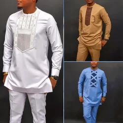 Tunique de style ethnique pour hommes, ensembles de pantalons pour hommes, tenue habillée traditionnelle, caftan, vêtements africains, Dashiki, 2024, 2 pièces