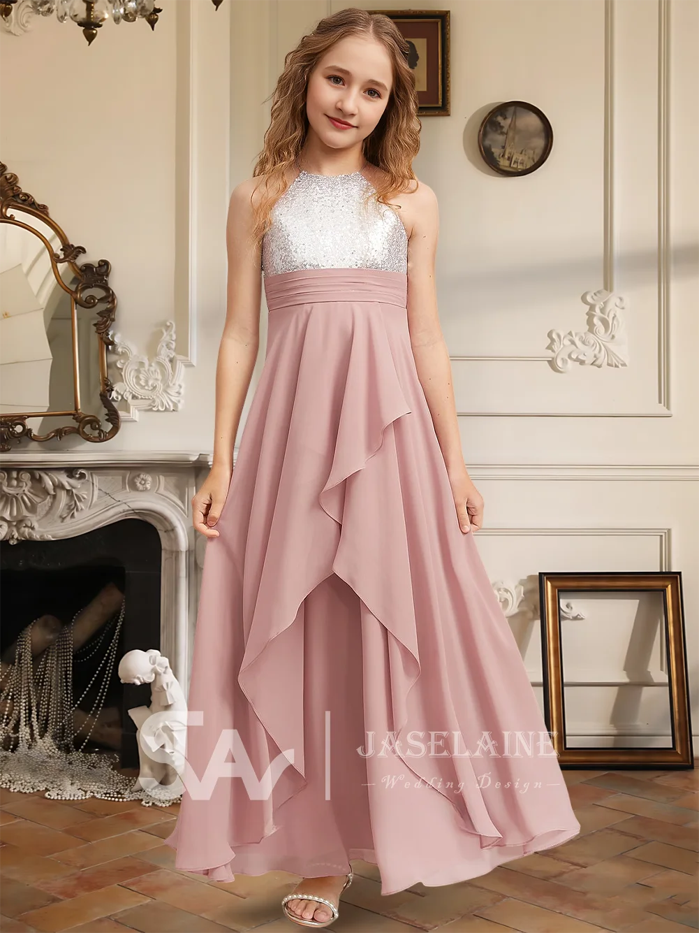 A Elegant A Line Halter Floor Length Chiffon Sequin Junior Bridesmaid Dress Flower Girl Dress Girls Party Wedding Formal Special