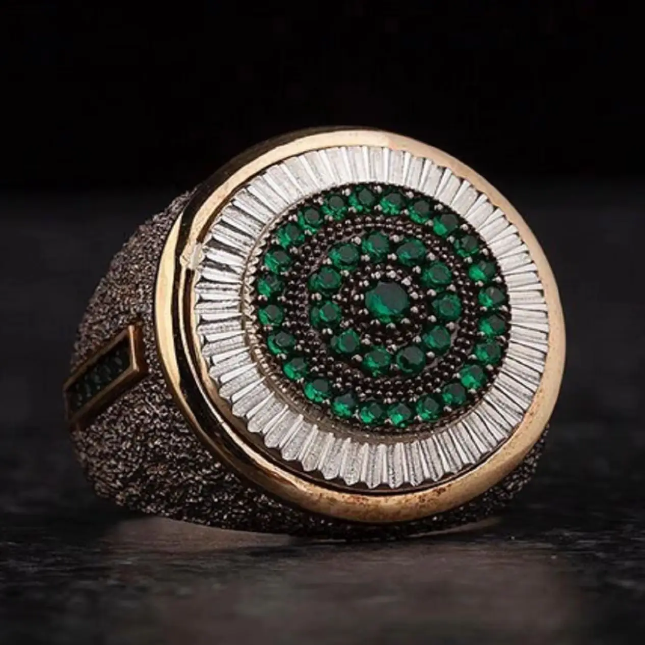 

Ottoman Textured Pencil Green Our Silver Ring Model With Sandblasting Black Texture Applied Decorated With GemStones Turkish