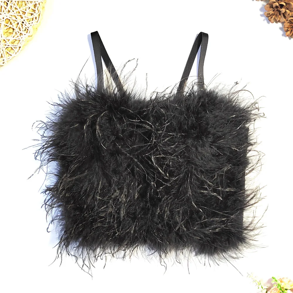 Ostrich Feather Corsets For pu bra Women Sexy Crop Top Clothes Ladies Short Fur Coats 2022 Fashion Women Clothing Open back vest