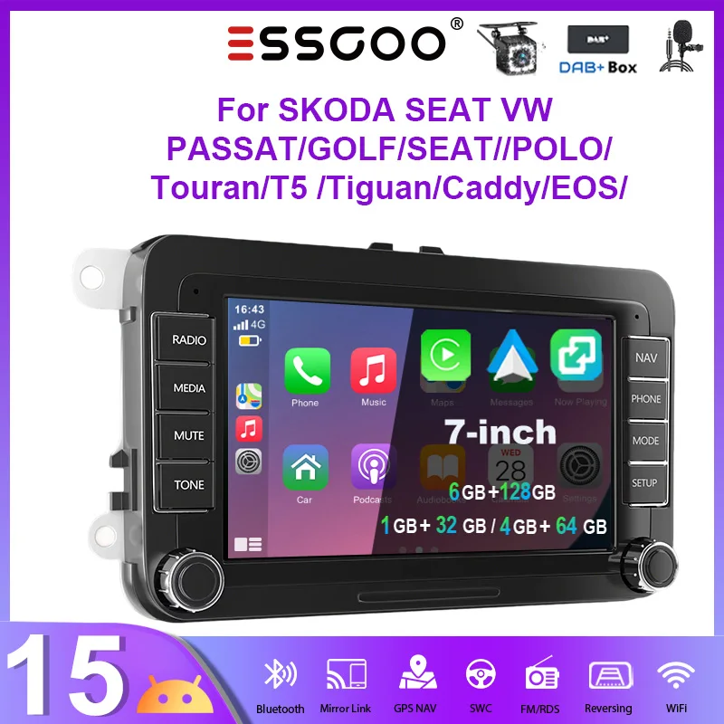 ESSGOO Autoradio Android15 7" 4+64 GB / 6+128 GB für VW Golf 5 6 Passat Polo 6R Touran Tiguan Caddy EOS Jetta Seat Skoda Wireless CarPlay Android Auto GPS Navigation RDS FM Bluetooth Mirror Link