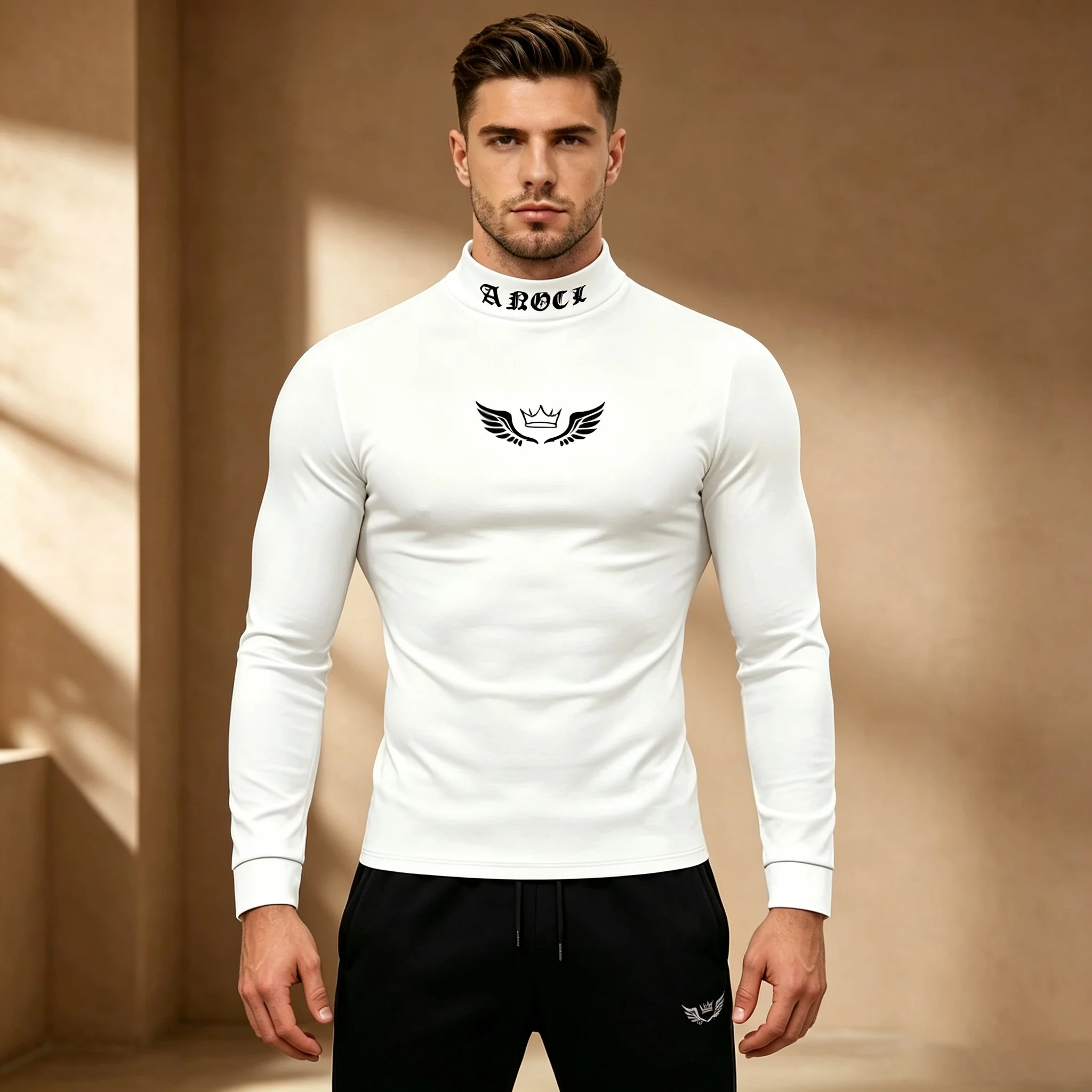 Men's Slim Fit Mock Neck Long Sleeve T‑Shirt, Gothic Letter Collar Crown Wing Print Stretch Base Layer Tops, Autumn Winter Cas