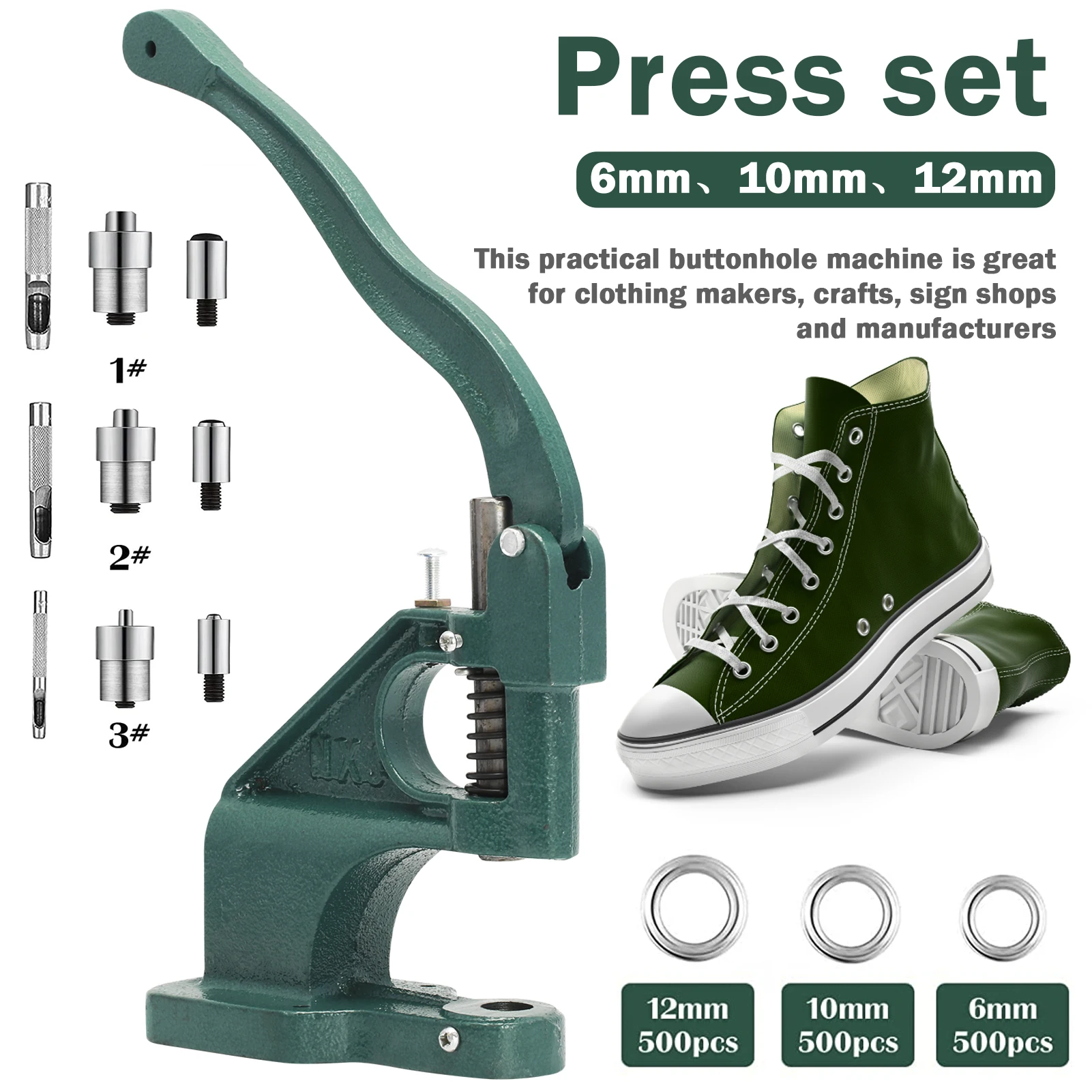 Kit de presse à œillets manuelle robuste, outil industriel de pose d'œillets, poinçonneuse de table avec 3 matrices et 1500 œillets de 6/10/12 mm pour bannières, auvents et artisanat du cuir