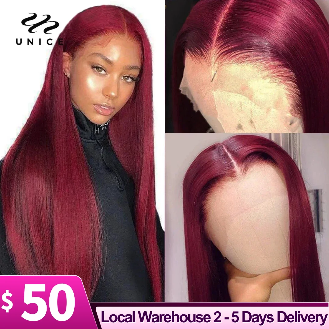 

UNice Hair 99J Straight Human Hair Wig Pre Plucked 13x4 Lace Frontal Wig Burgundy Lace Front Wig US Free Shipping